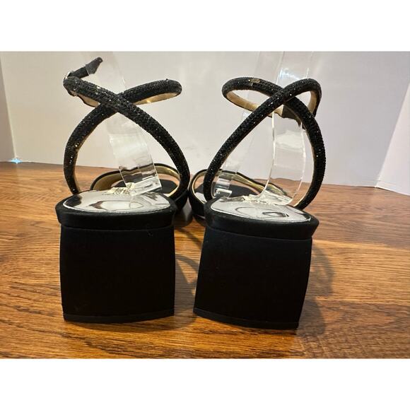 Badgley Mischka Infinity Embellished Mid Block Heel Sandals Black Satin Sz 9.5 - Picture 6 of 9